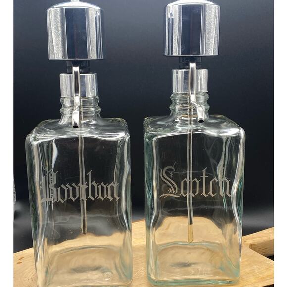 Vintage pair of MCM glass Etched Bourbon and Scotch Decanter with pump and spout - Picture 1 of 9